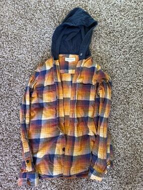 Aeropostale Women's Plaid Button-Down Shirt with Navy Hood - Yellow, Blue, Brown